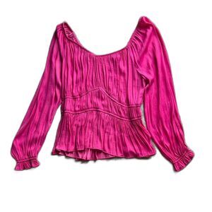 Nine West Women L Fuchsia Pink Peplum Blouse Pleated Balloon Sleeve Career Top